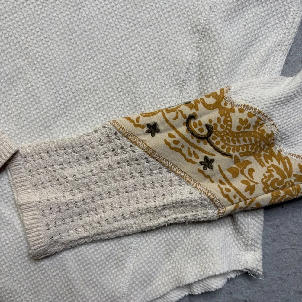 We The Free Thermal Top Womens L Ivory Paisley Cuff Waffle Knit Scoop Neck